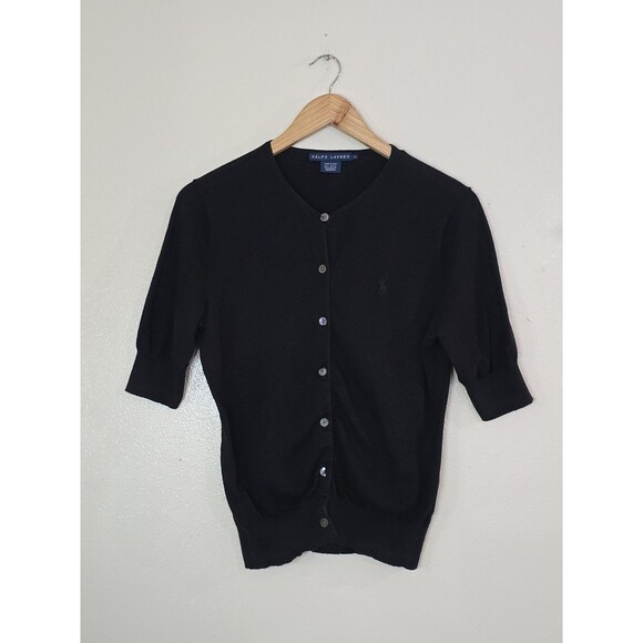 Vintage Ralph Lauren Cardigan Sweater Size Large Black Short Sleeve Preppy Goth - Picture 1 of 9